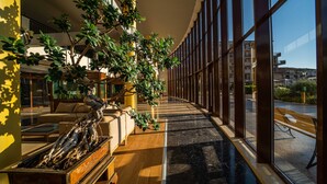 A spacious lobby with a large indoor tree, comfortable seating, and a view of the outside through large windows. - HVD Club Hotel Miramar - Ultra All Inclusive (Obzor)