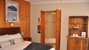 A bedroom with a bed, a wooden cabinet, a framed picture, and a shower area. - Obelix Guesthouse (Luderitz)