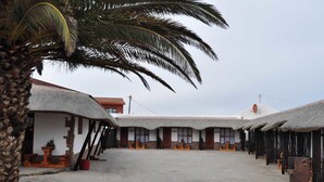 A courtyard with thatched-roof buildings, a palm tree, and a paved ground. - Obelix Guesthouse (Luderitz)