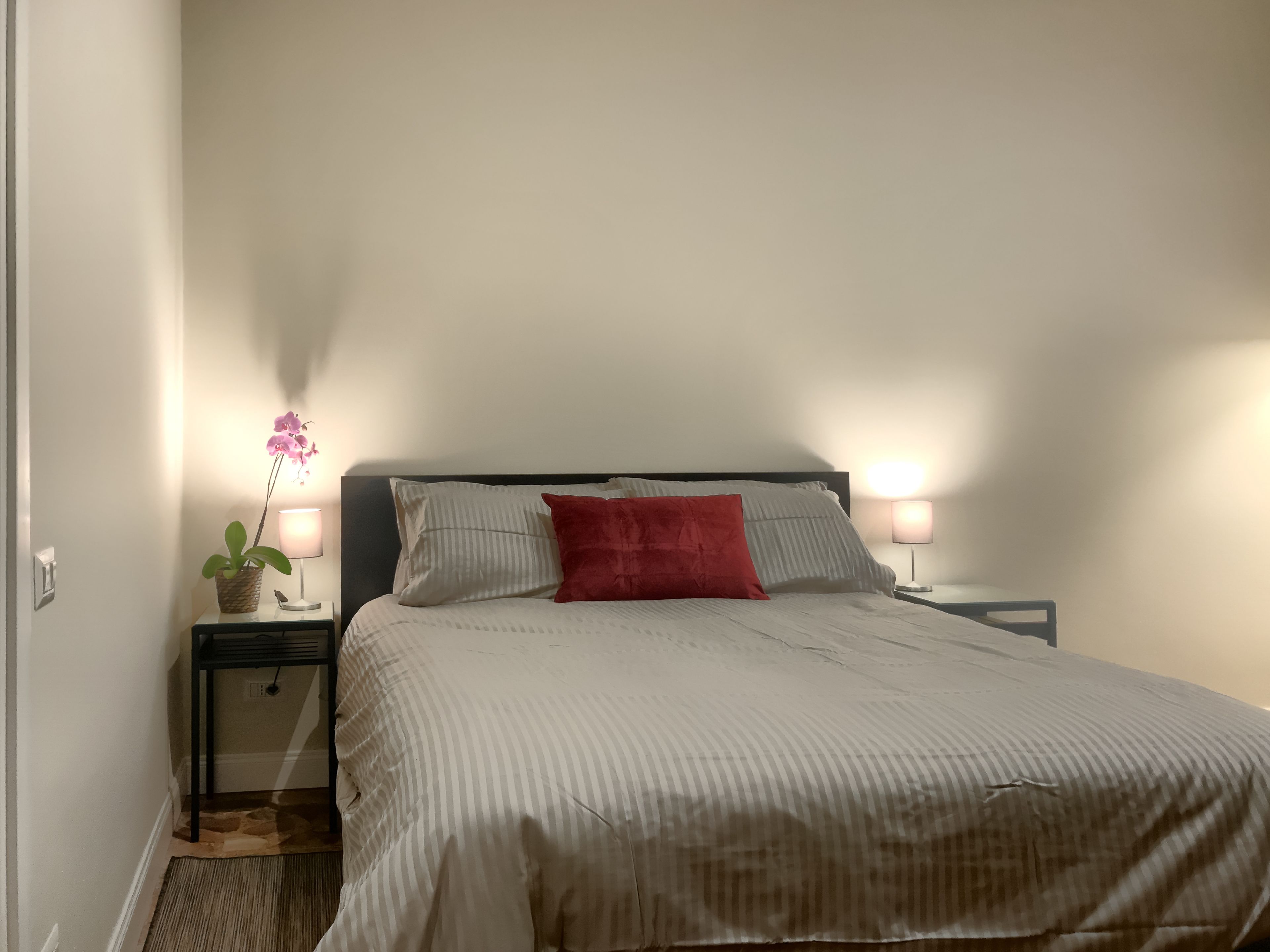 A neatly made bed with striped bedding and a red pillow, flanked by two bedside tables with lamps, a small plant, and a rug on the floor.