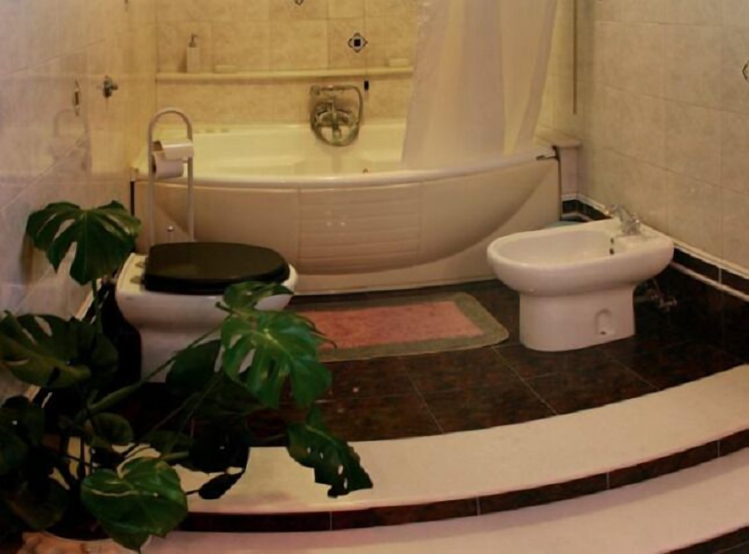 A bathroom with a bathtub, toilet, bidet, and a potted plant.