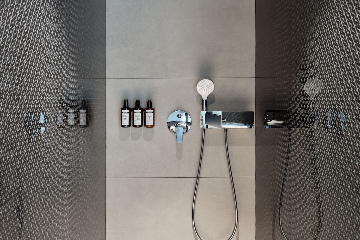 shower, designer toiletries, hair dryer, slippers