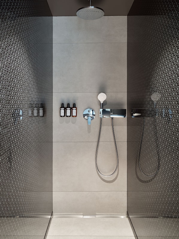Shower, designer toiletries, hair dryer, slippers