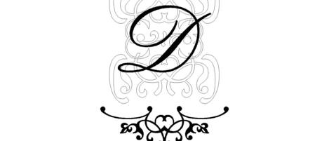 A monogram 'D' surrounded by ornate designs, with the text 'De Courcys Manor' below.