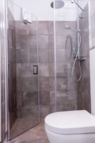 A modern bathroom with a glass-enclosed shower, a white toilet, and a handheld showerhead.