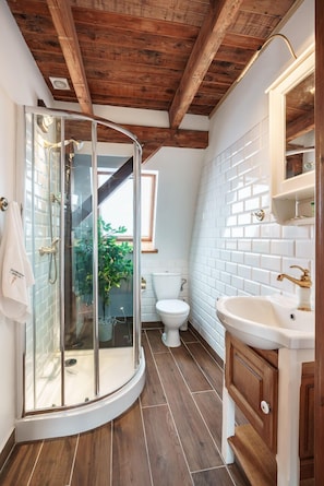 Studio | Badkamer | Een douche, gratis toiletartikelen, een haardroger, handdoeken