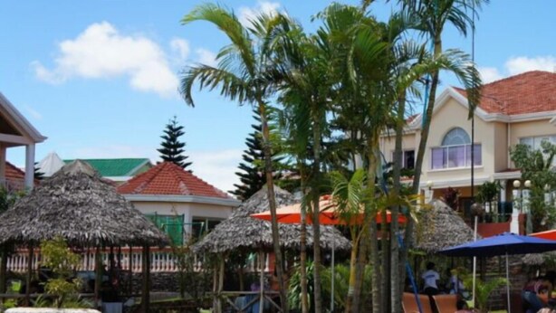 Zona de piscina con palmeras, una estructura de techo de paja y un edificio con techo rojo.