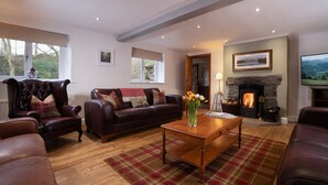 A cozy living room with leather sofas, a fireplace, and a large window. - Low Jock Scar Country Estate (Kendal)