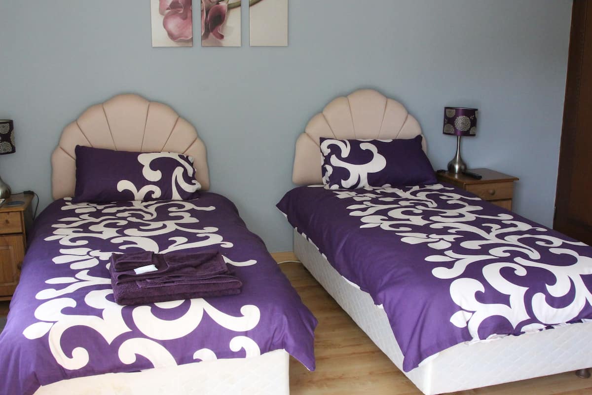 Two twin beds with matching headboards and purple bedding, a small bedside table with a lamp, and a framed picture on the wall.
