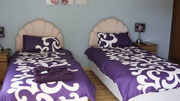 Two twin beds with matching headboards and purple bedding, a small bedside table with a lamp, and a framed picture on the wall.