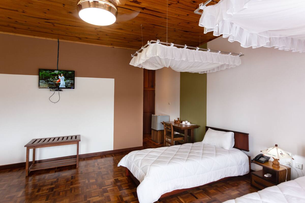 Een hotelkamer met een houten plafond, een bed met wit beddengoed, een nachtkastje met een lamp en een aan de muur bevestigde televisie.
