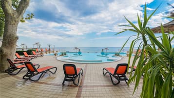 Seasonal outdoor pool, pool umbrellas, pool loungers