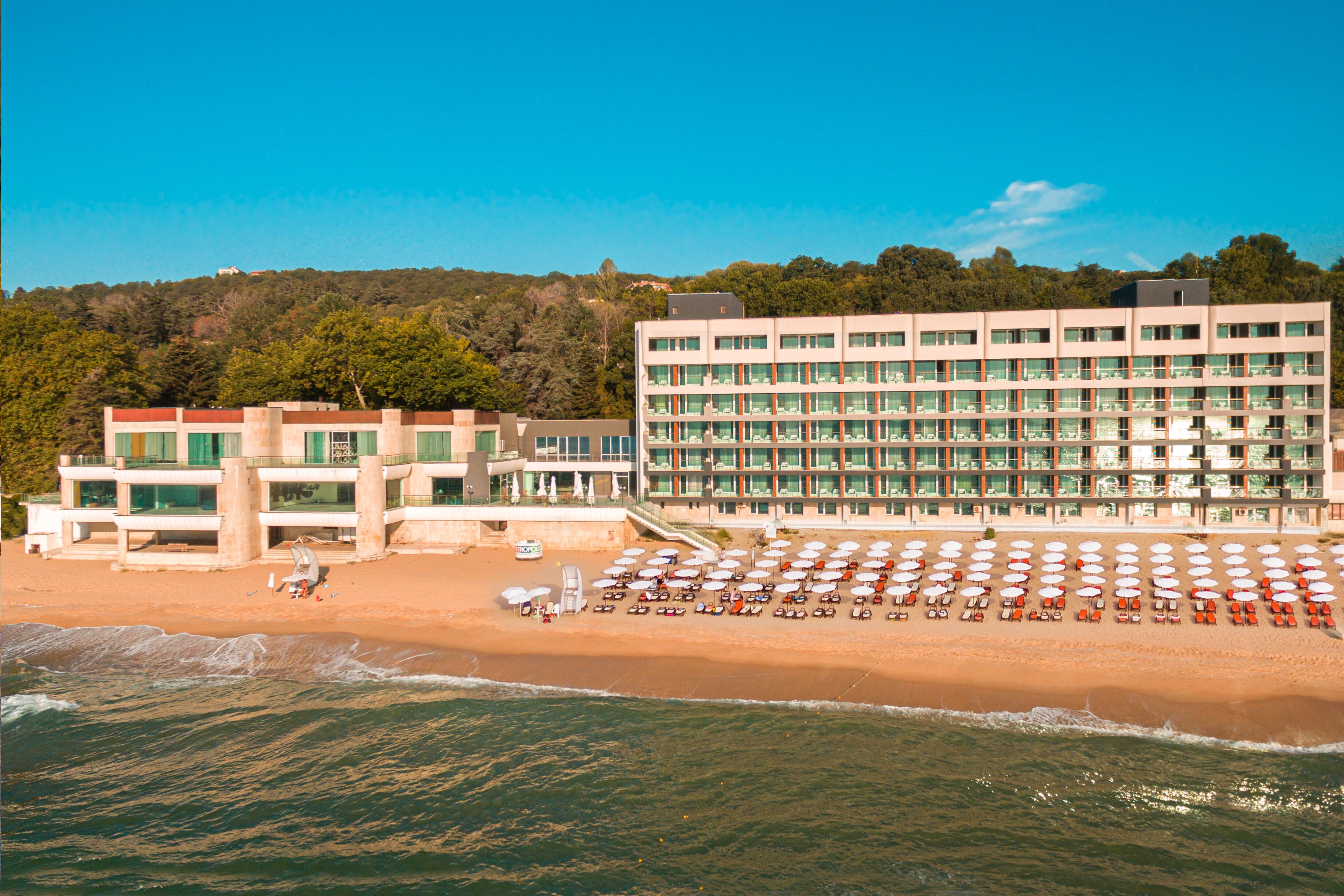 On the beach, sun loungers, beach umbrellas, beach towels
