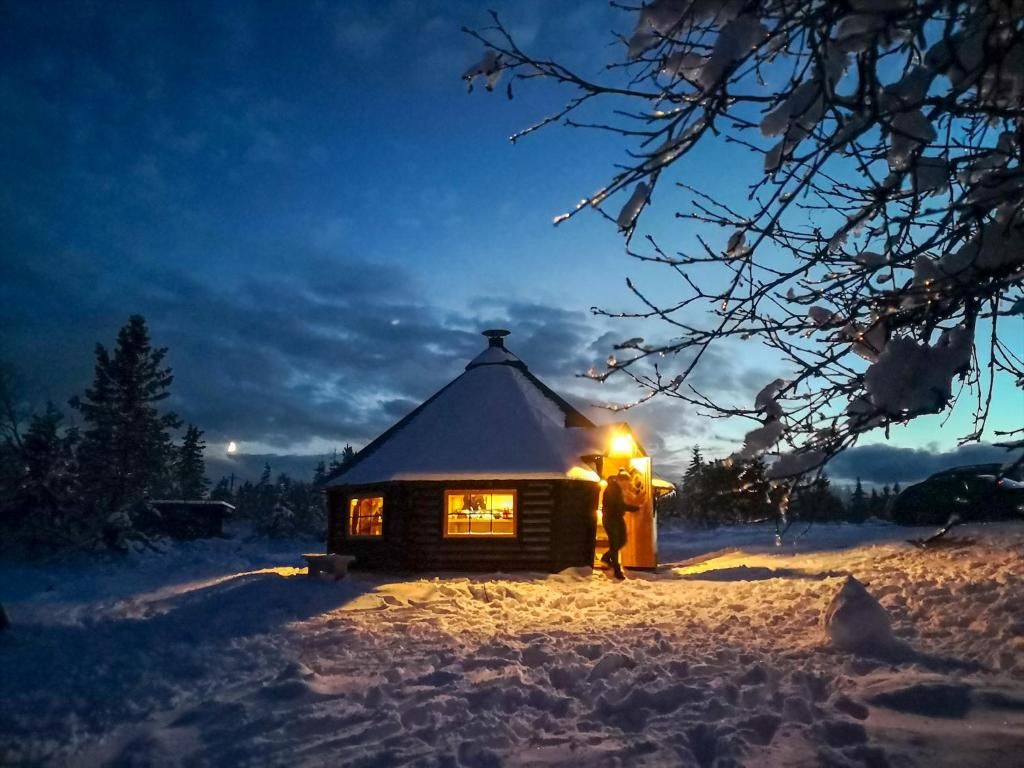 A cabin with a snow-covered roof, a window, and a door, surrounded by snow and trees.