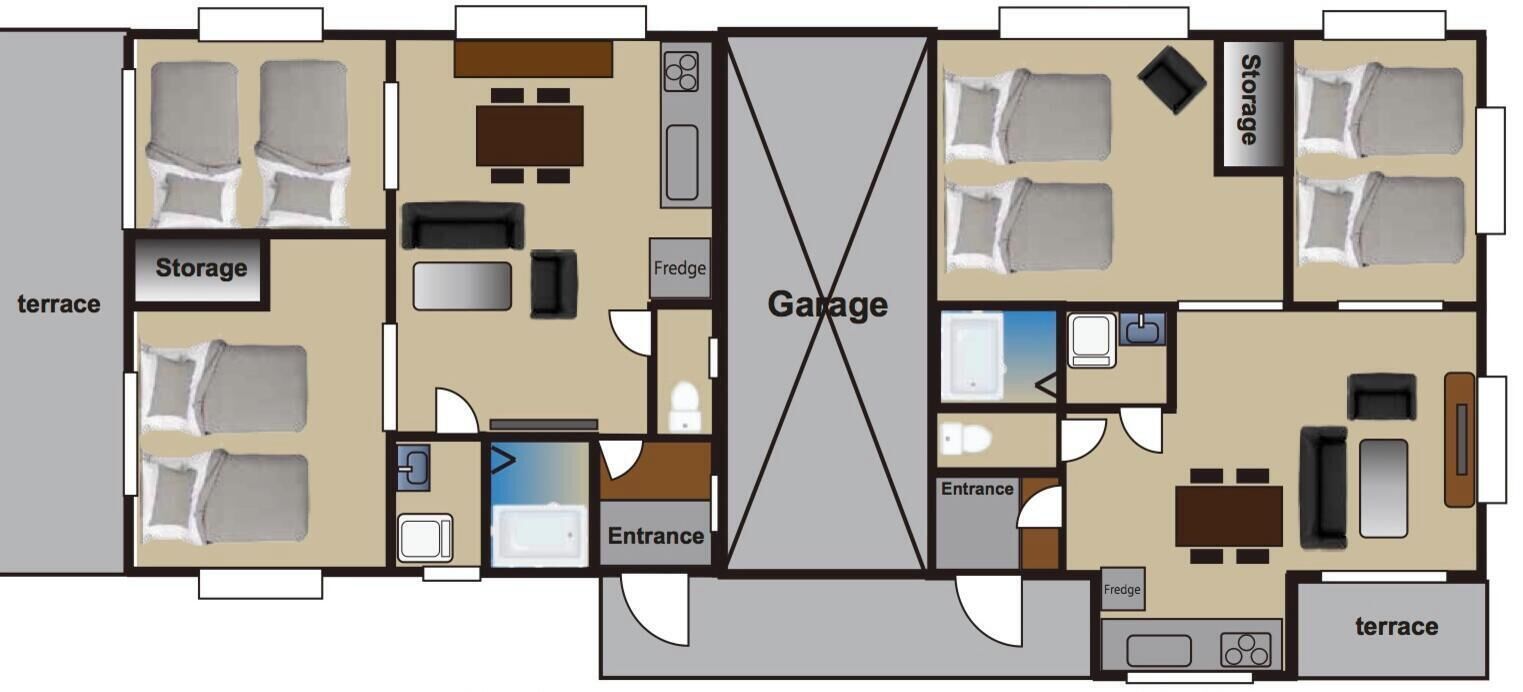 A floor plan of a hotel with a terrace, storage, garage, and two separate rooms labeled Fredge.
