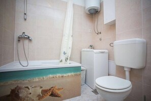 Appartement, 1 lit double et 1 canapé-lit | Salle de bain | Douche, serviettes fournies, papier toilette