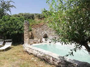 A stone pool with a stone wall and a tree in the foreground. - Tenuta Santa Caterina (Agropoli)