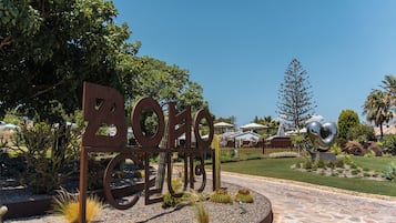 A sign with the text "Bona Terra" surrounded by a landscaped garden with cacti and a palm tree.