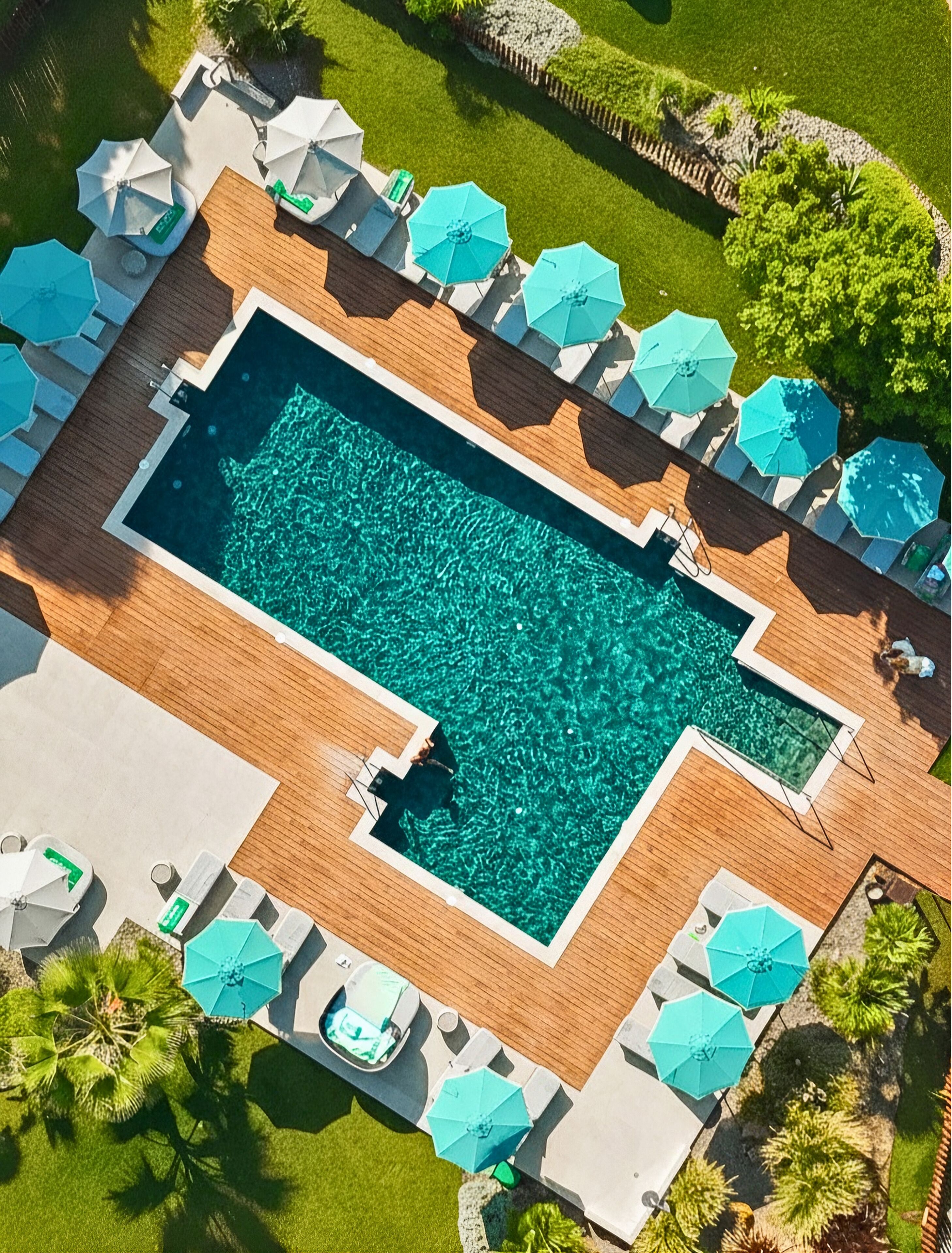 2 室外游泳池，08:00 至 20:00 开放，池畔遮阳伞，日光浴躺椅