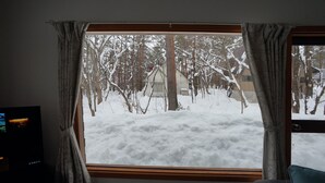 Una finestra con tende, vista su un paesaggio innevato e un televisore a sinistra.