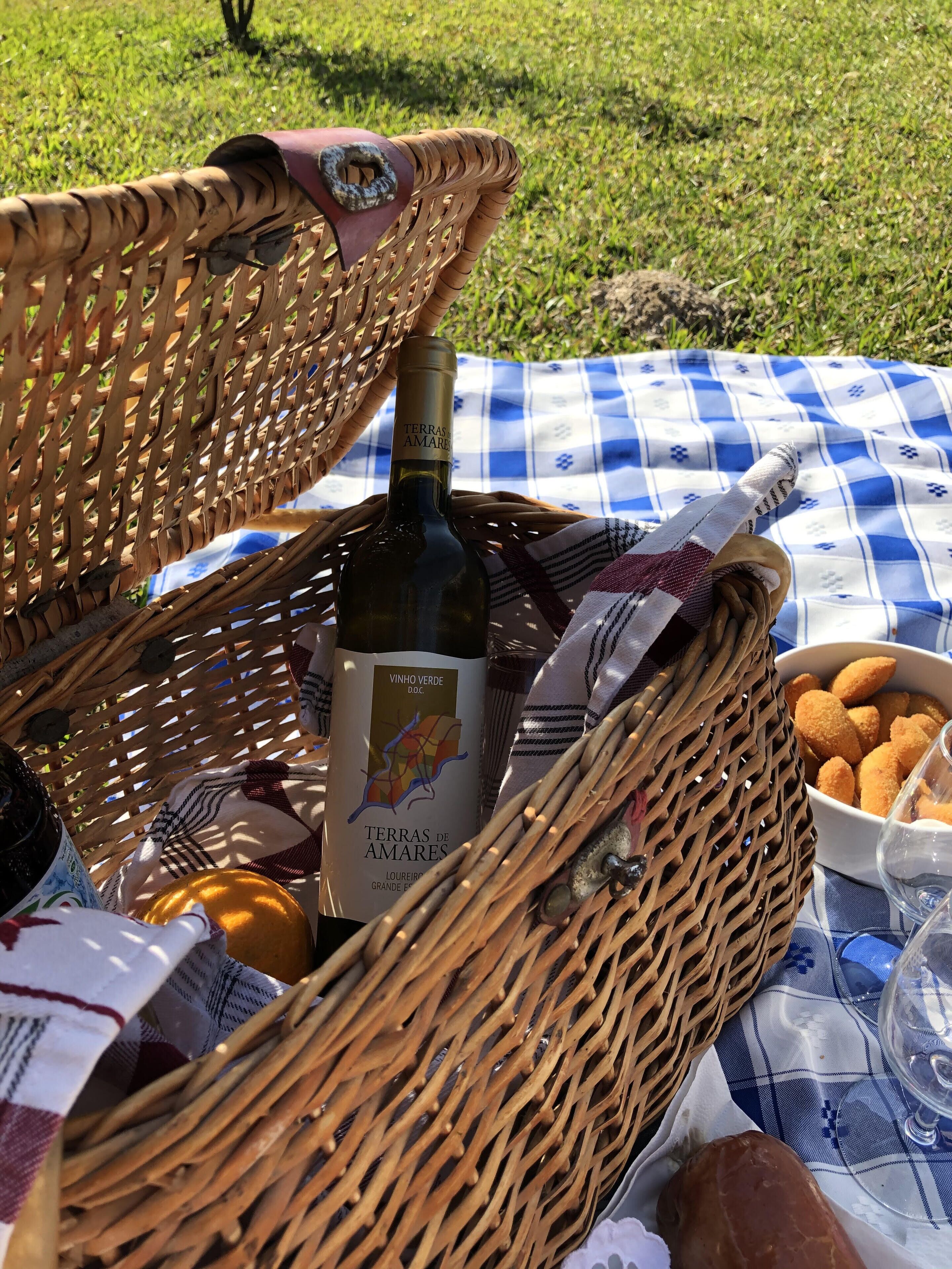 A picnic setup with a wicker basket containing a bottle of wine, bread, and a bowl of snacks on a checkered tablecloth.