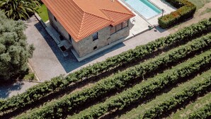 Vista aérea de una propiedad con un edificio de piedra, piscina e hileras de viñedos.