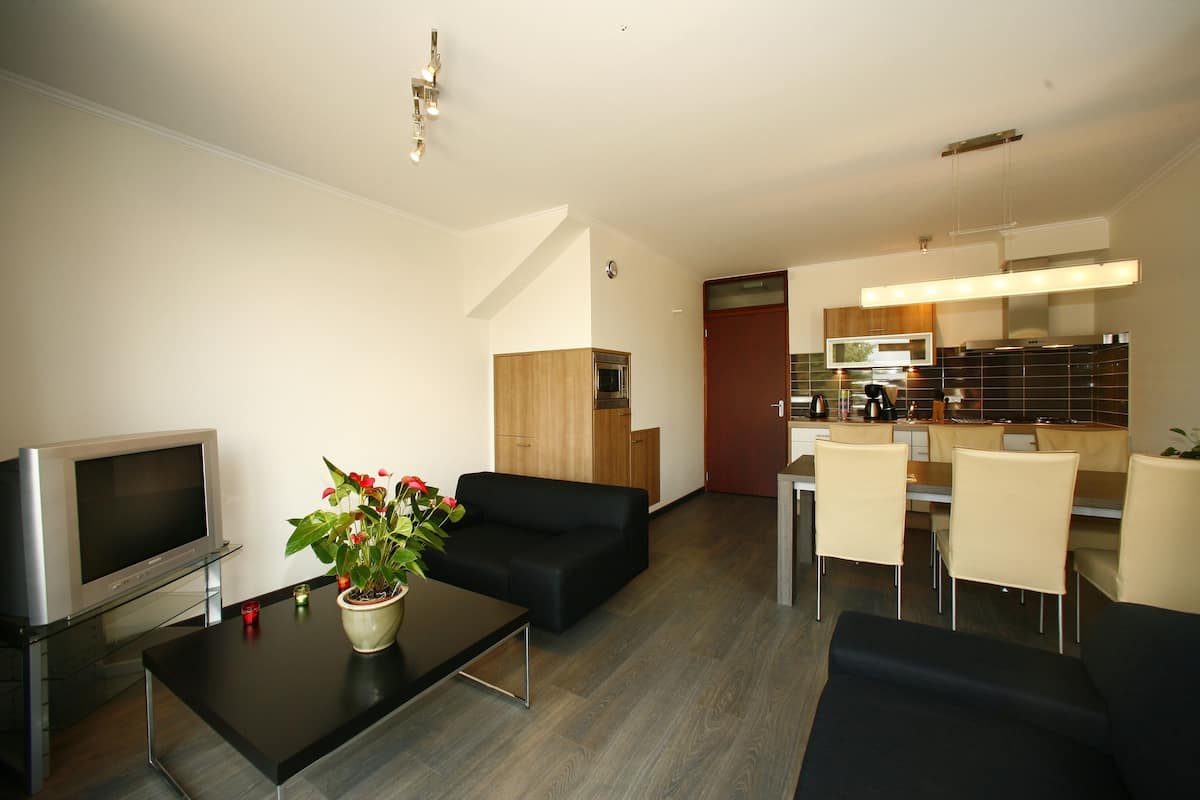 Een moderne woonkamer met een flatscreen televisie, een zwarte bank, een bijzettafeltje met een potplant en een eethoek, met een keuken op de achtergrond.