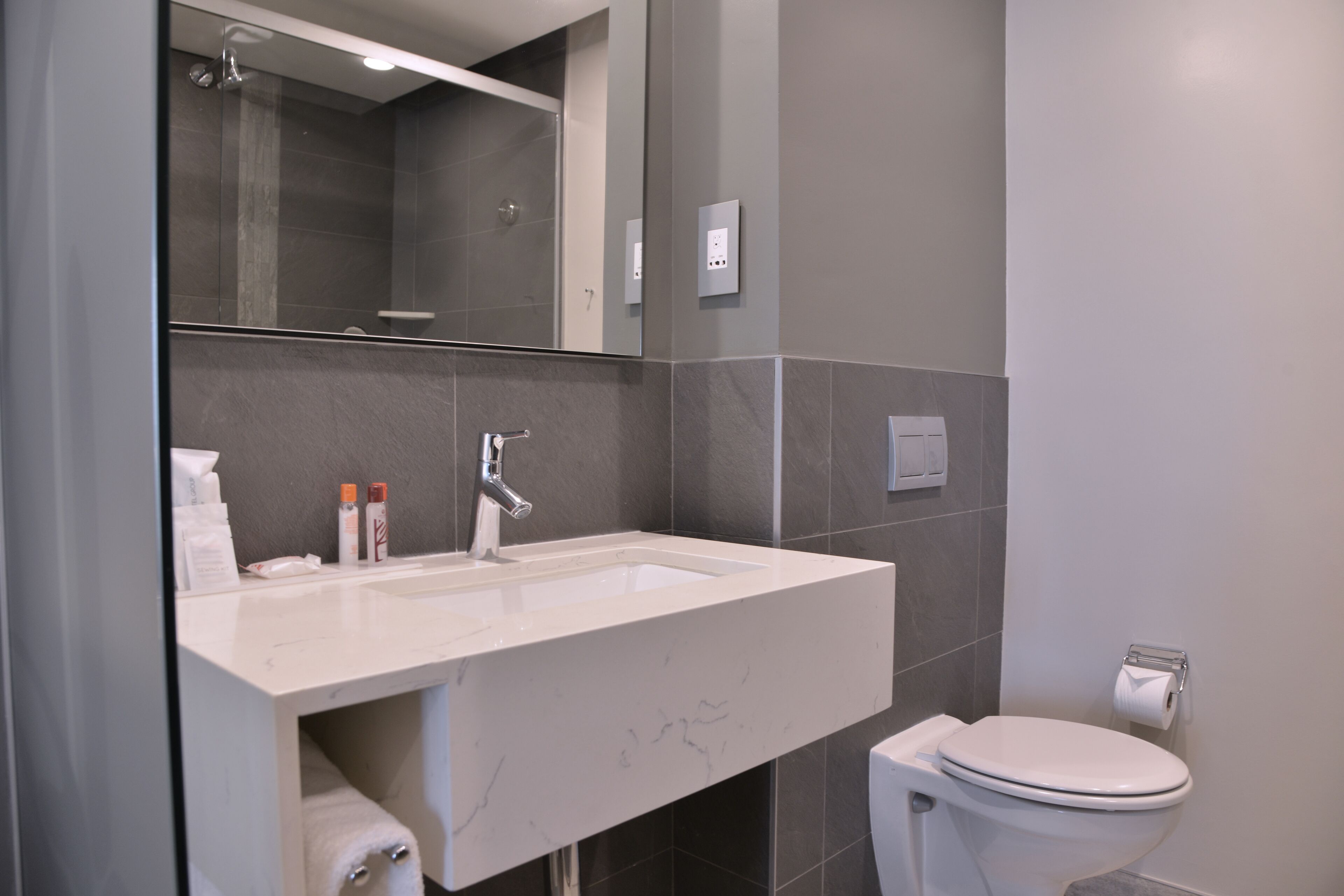 free toiletries, hair dryer, towels