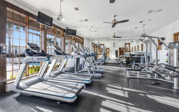 A gym with treadmills, weight machines, and a large window with a view of palm trees.