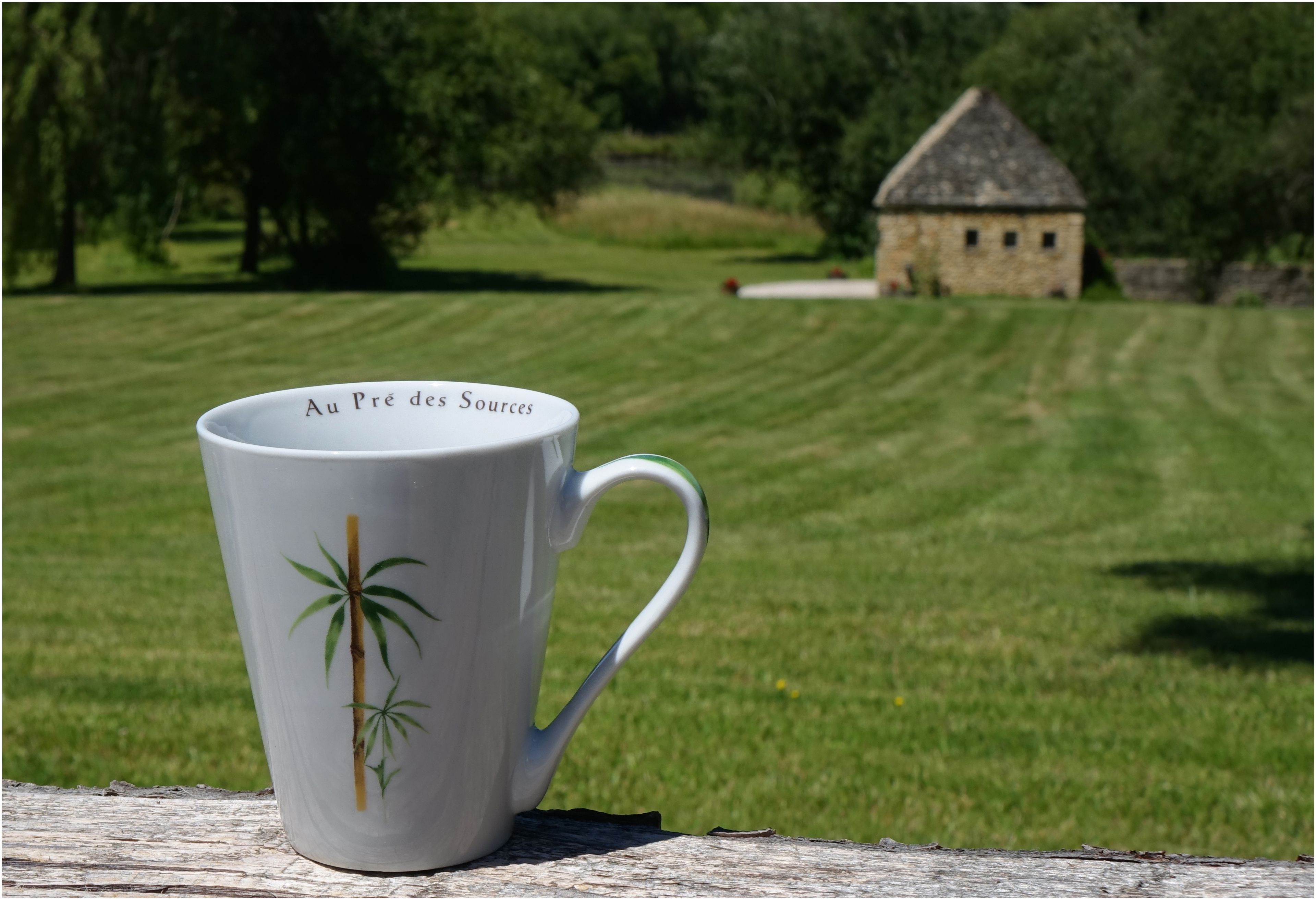 Une tasse blanche ornée d’un motif en bambou, sur laquelle on peut lire le texte « Au Prê des Sources », le tout posé sur une surface en bois.