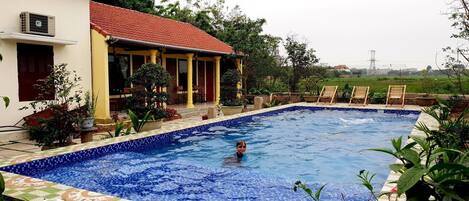 Outdoor pool, sun loungers