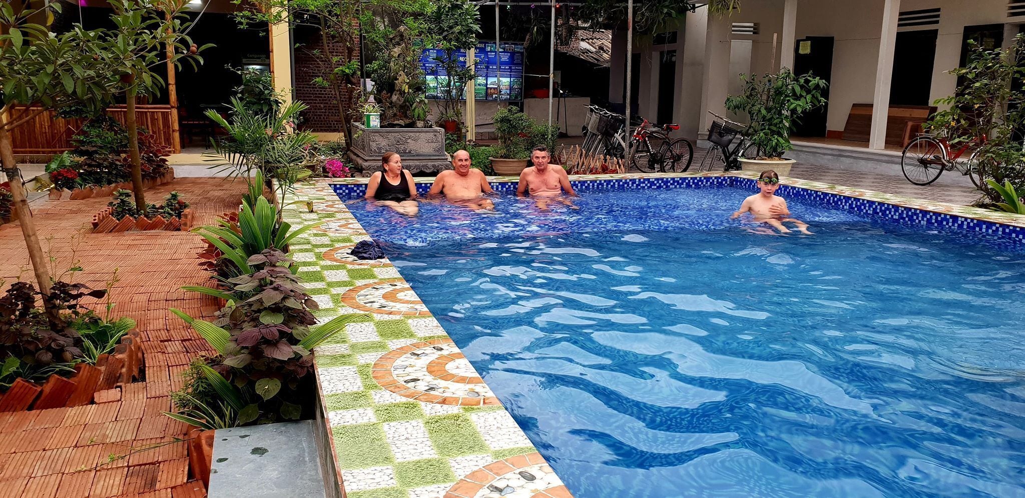 An indoor swimming pool with tiled edges, surrounded by potted plants and a tiled walkway.