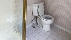 A bathroom with a toilet, a towel rack with towels, and a patterned wallpaper. - AH #15 · AH #15 Queen w/Shower (Wabasha)