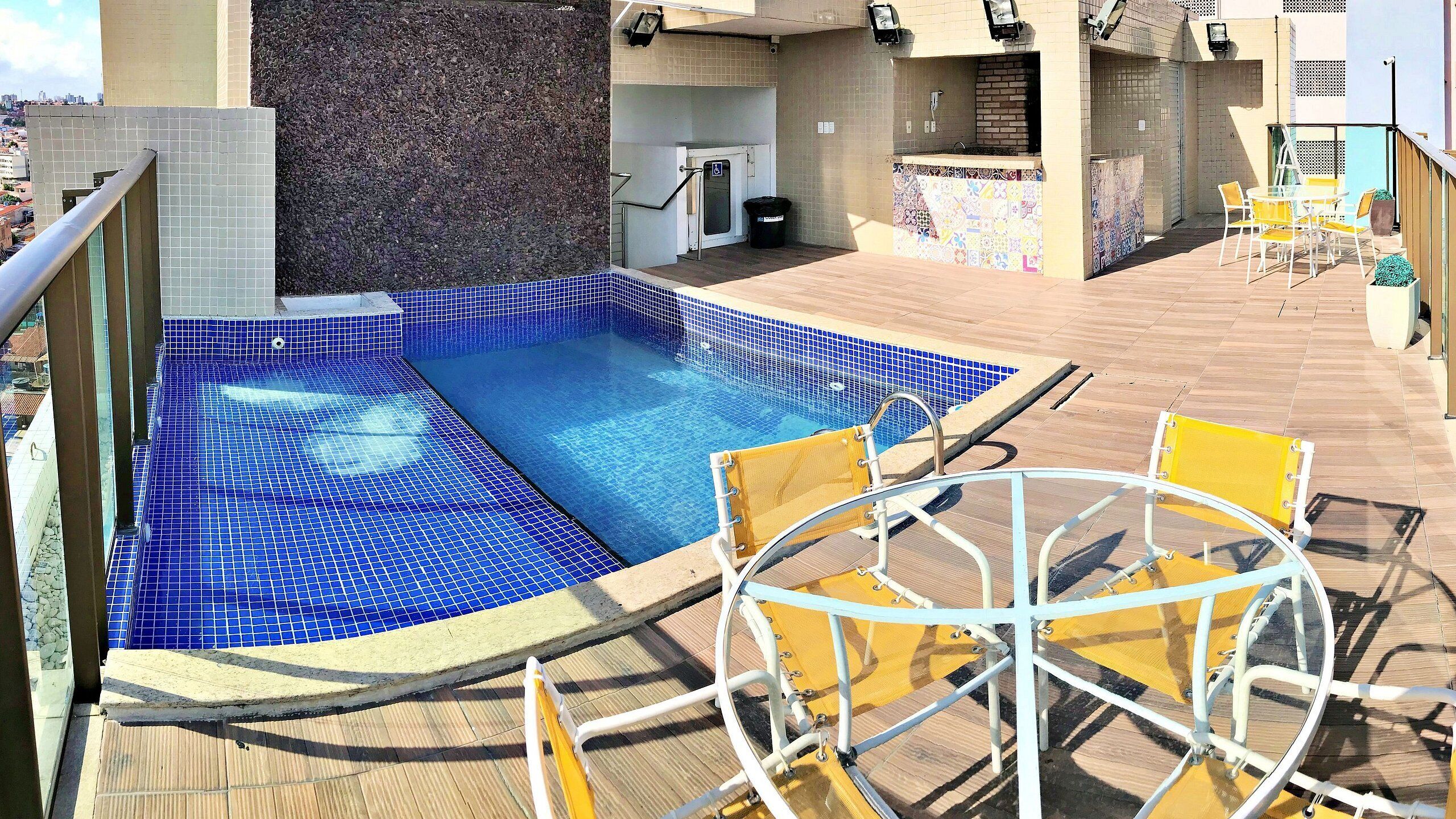Outdoor pool, pool umbrellas, pool loungers