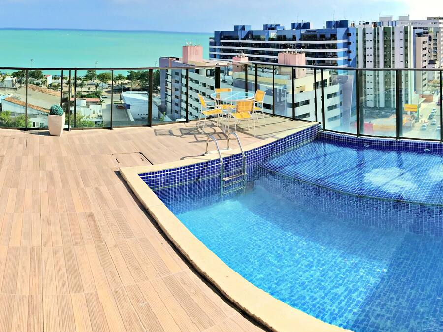 Outdoor pool, pool umbrellas, pool loungers