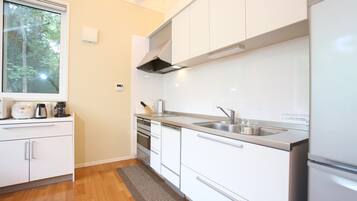 Fridge, electric kettle, cookware/dishes/utensils