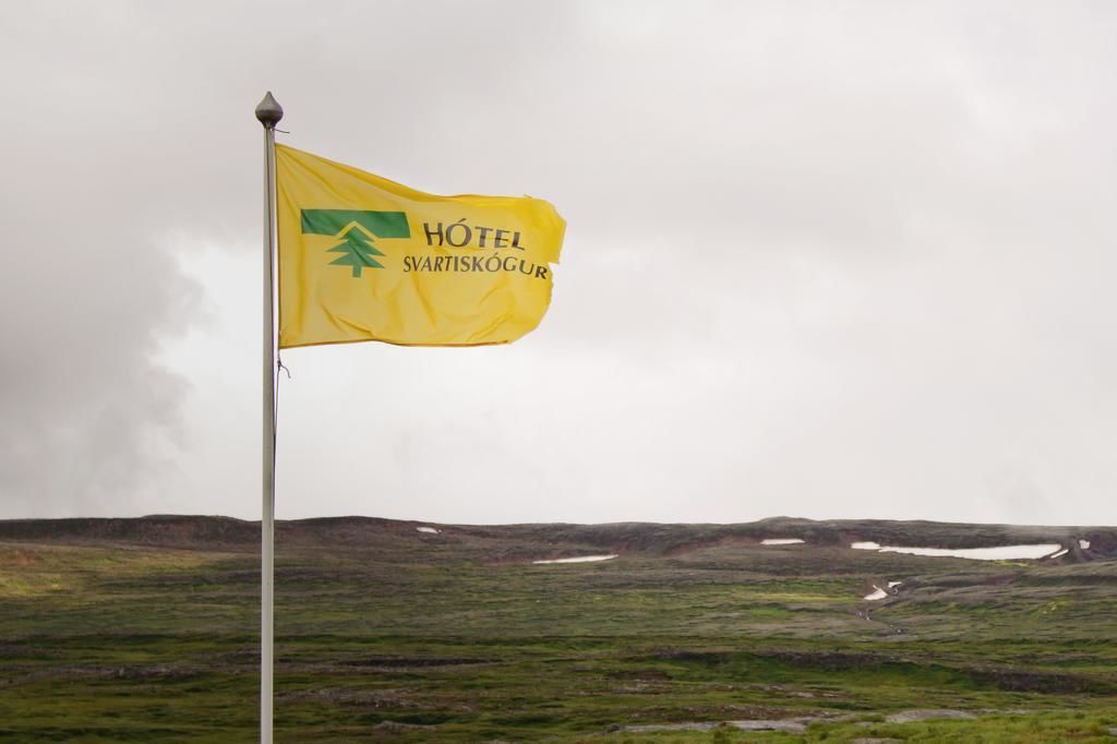 A flag with the text "Hôtel Svartiskögur" on a flagpole in a grassy field.