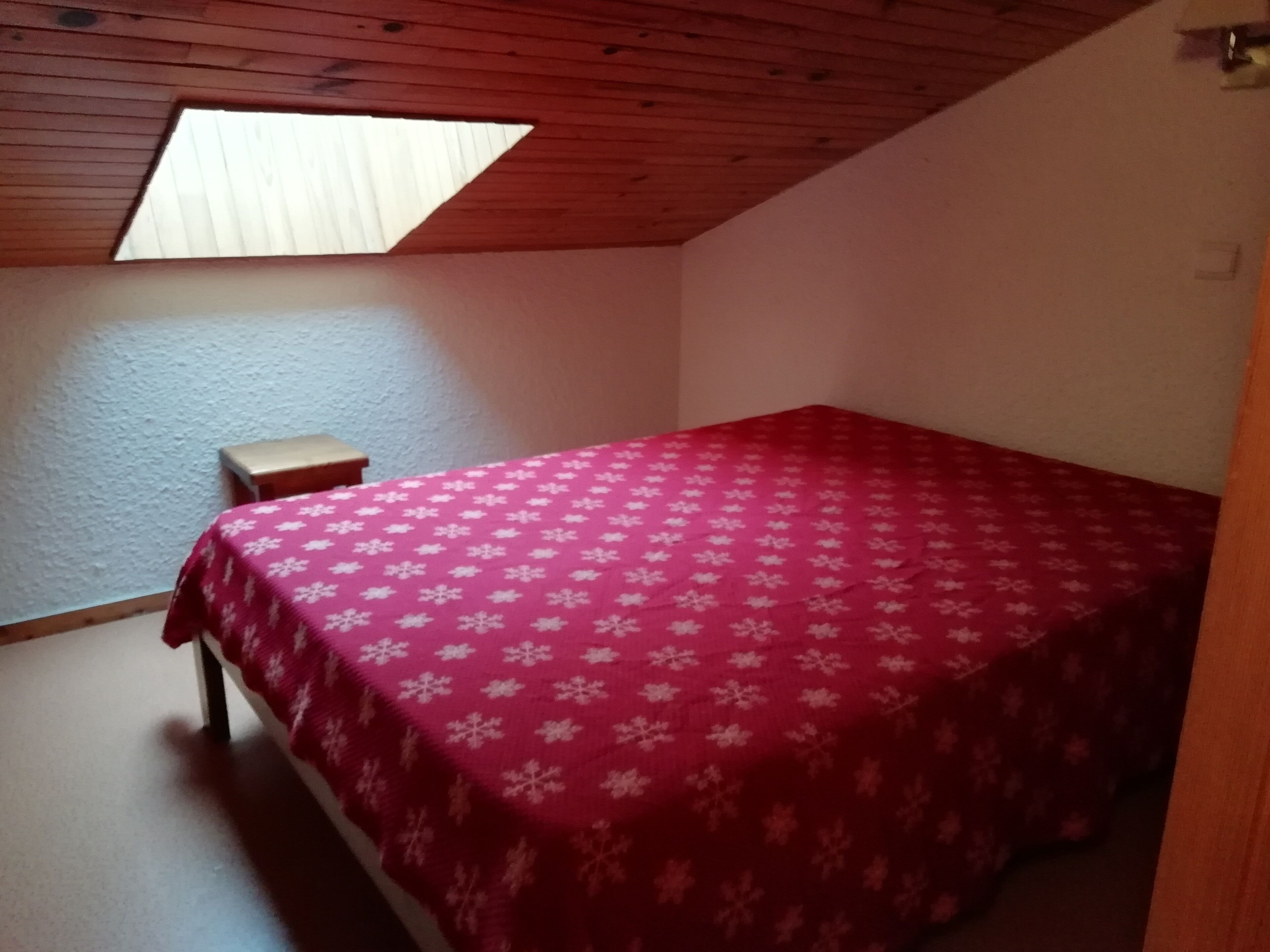 A small, single-bed room with a sloped ceiling and a skylight.