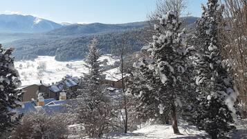 A snow-covered landscape with buildings and trees.