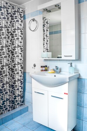 Hair dryer, towels, soap, shampoo
