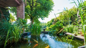 A koi pond with water plants and a wooden bridge. - Urlaub Hamburg Altes Land (Hamburg)