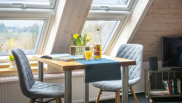 A room with a sloped ceiling, a table with chairs, a bottle of orange juice, and a television on a stand. - Urlaub Hamburg Altes Land (Hamburg)