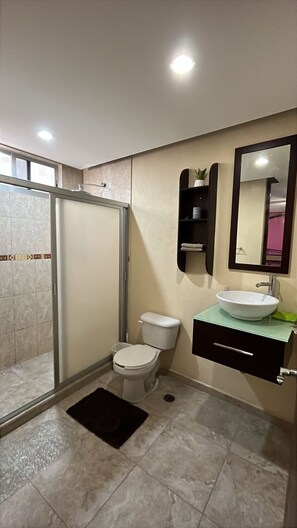 Casa de banho com chuveiro em cabine de vidro, sanita, lavatório com espelho e prateleira com uma planta.