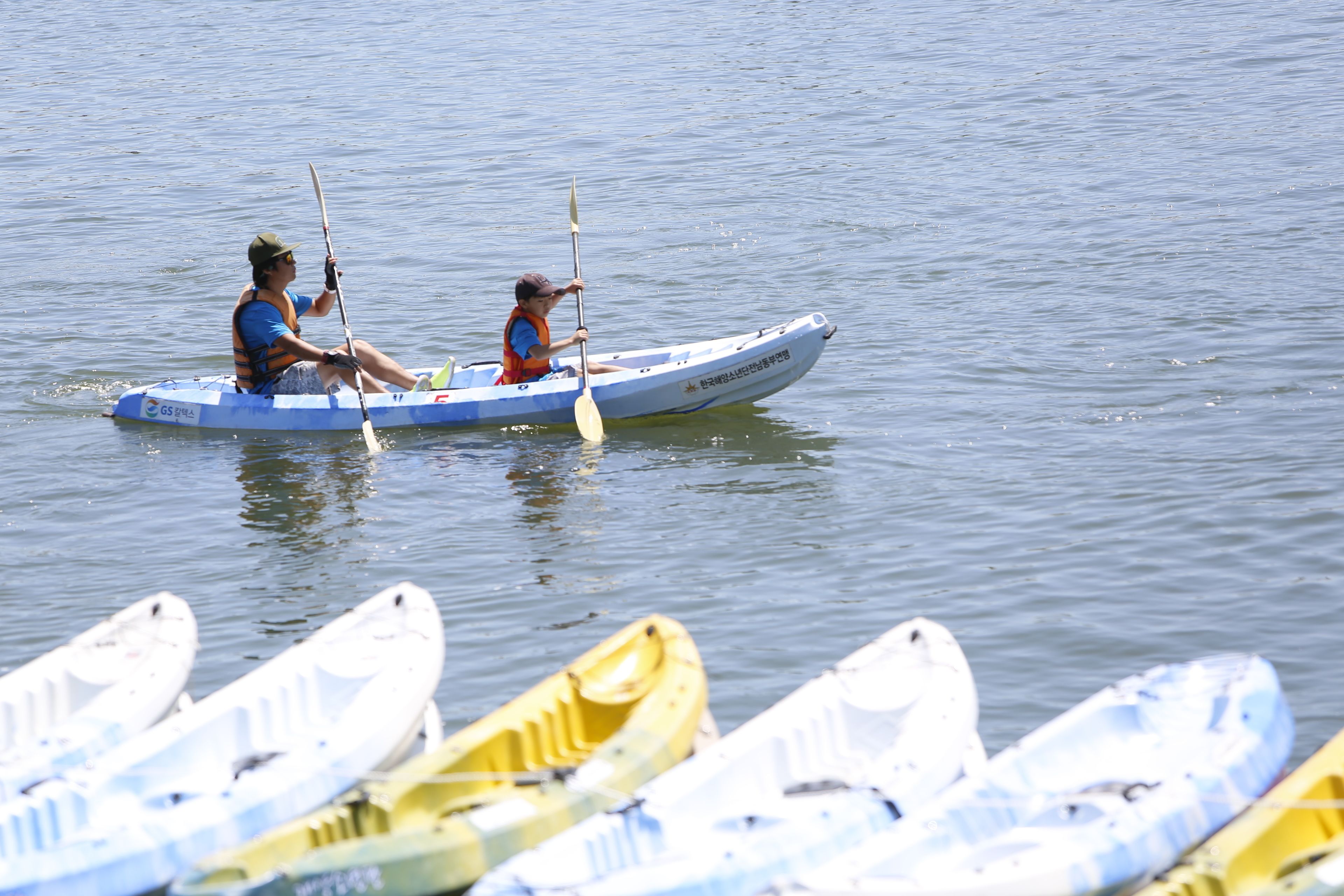 A row of canoes on a calm body of water.