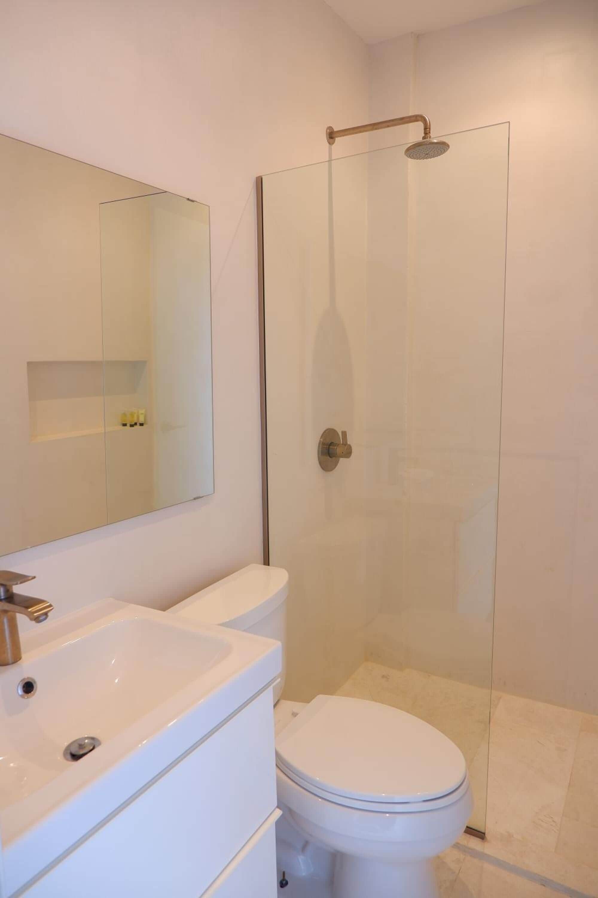 shower, hydromassage showerhead, free toiletries, towels