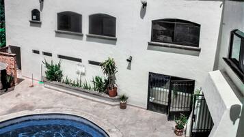 Outdoor pool, pool umbrellas, pool loungers