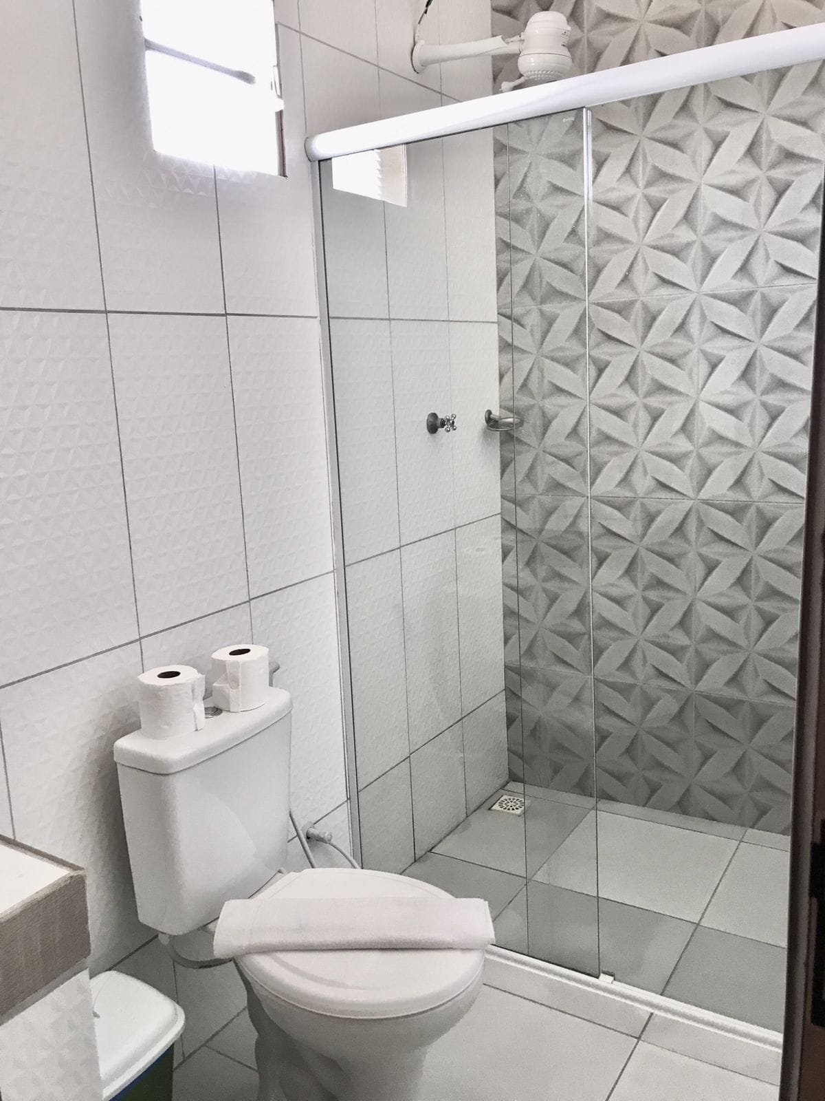 A modern bathroom with a toilet, a shower with a geometric tile pattern, and a toilet paper holder.