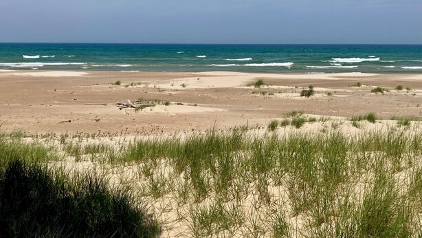 A beach with sand dunes and sparse vegetation. -  Private Waterfront Setting on Lake Michigan (Shelby)