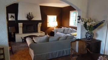 Televisie, een open haard, een dvd-speler en een tafeltennistafel