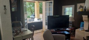 Televisión, chimenea, reproductor de DVD y tenis de mesa 